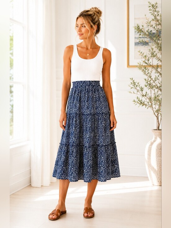 Dresses & Skirts - Navy Tiered Midi Skirt | Blue Ivory Print Boho Cottagecore Elastic Waist | XL